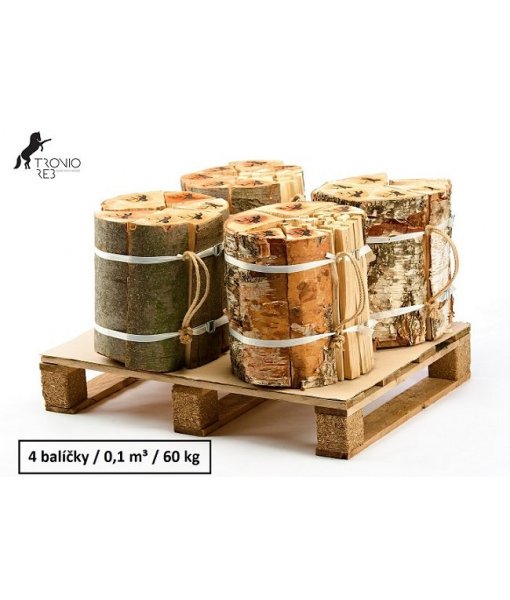 Luxusní suché krbové dřevo - 0,1 PRMR - 33cm jasan/bříza / 4 balíčky Tronio Reb po 15 kg