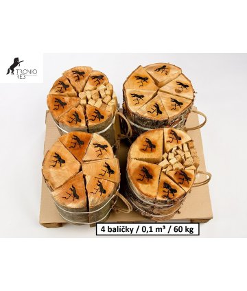 Luxusní suché krbové dřevo - 0,1 PRMR - 33cm jasan/bříza / 4 balíčky Tronio Reb po 15 kg